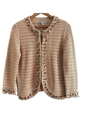 Vintage Berek Crochet Beaded Cardigan Sz S M Tan